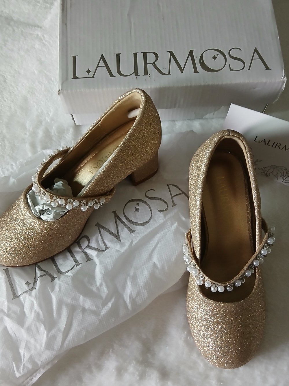 NWT Girls' Gold Glitter Pearl-Strap Dress Shoes [COMES WITH BOX] Size 12